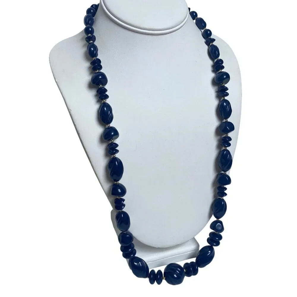 Vintage Blue Lucite Beaded Necklace Gold Tone Accents Textured Chunky Beads NWT